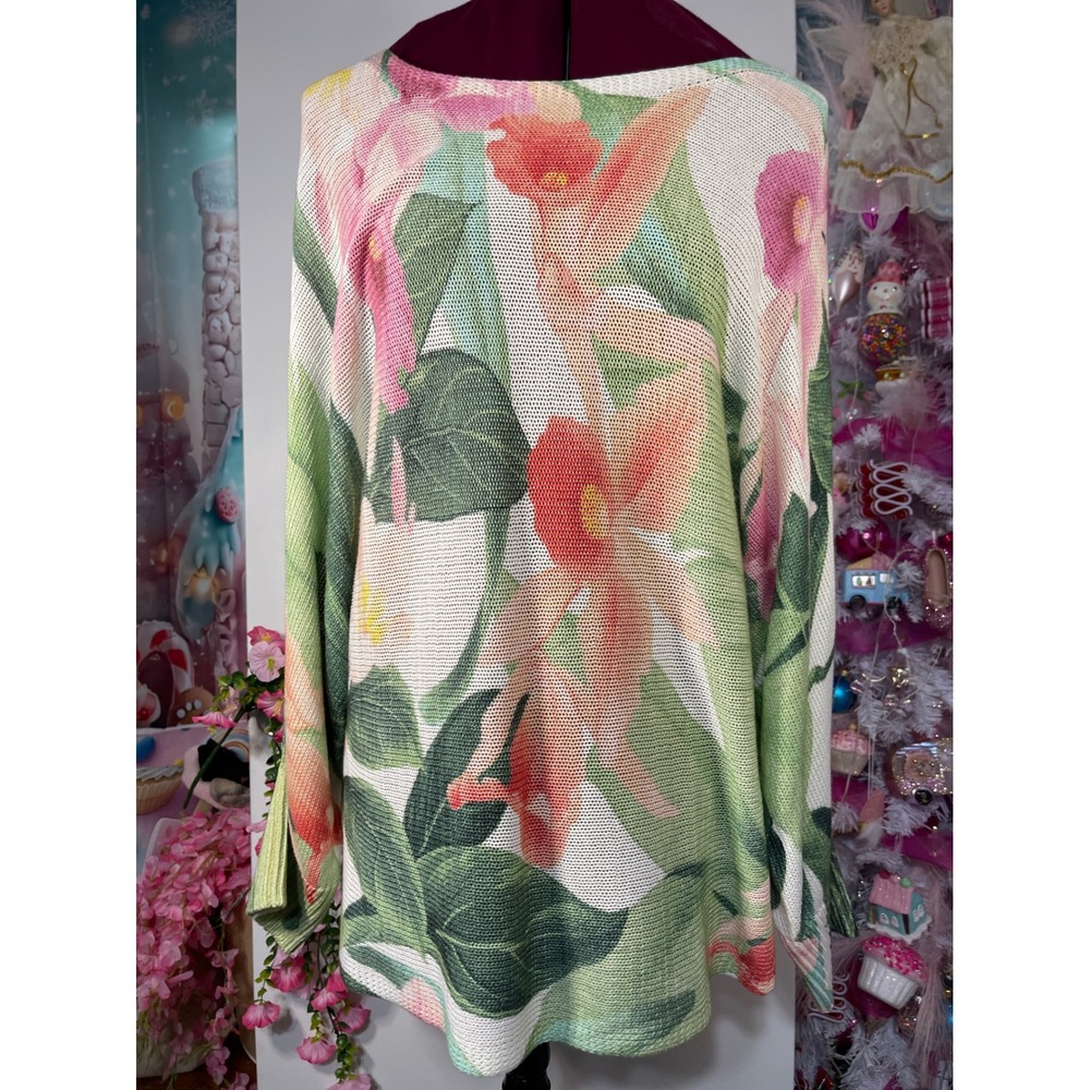 New Tommy Bahama Floral Sweater Womens XL Green Pink Good Tropical Knit